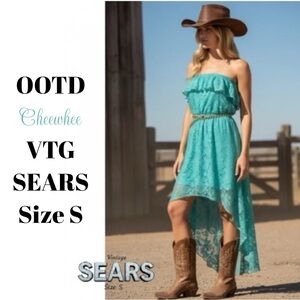 Sears Vintage Dress Strapless Pastel Green Lace Flounce Braided Silver Belt - S